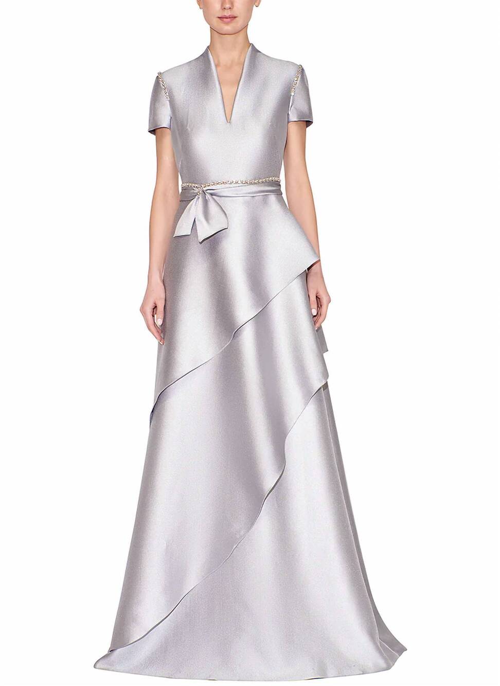 NEW REEM ACRA short sleeve split neck caftan gown in grey